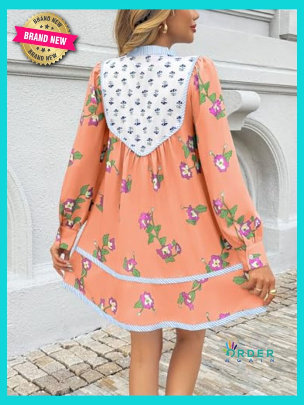Floral Boho Babydoll Mini Dress V Neck Flowy Short Shift Long Sleeve Patchwork - Picture 2 of 7